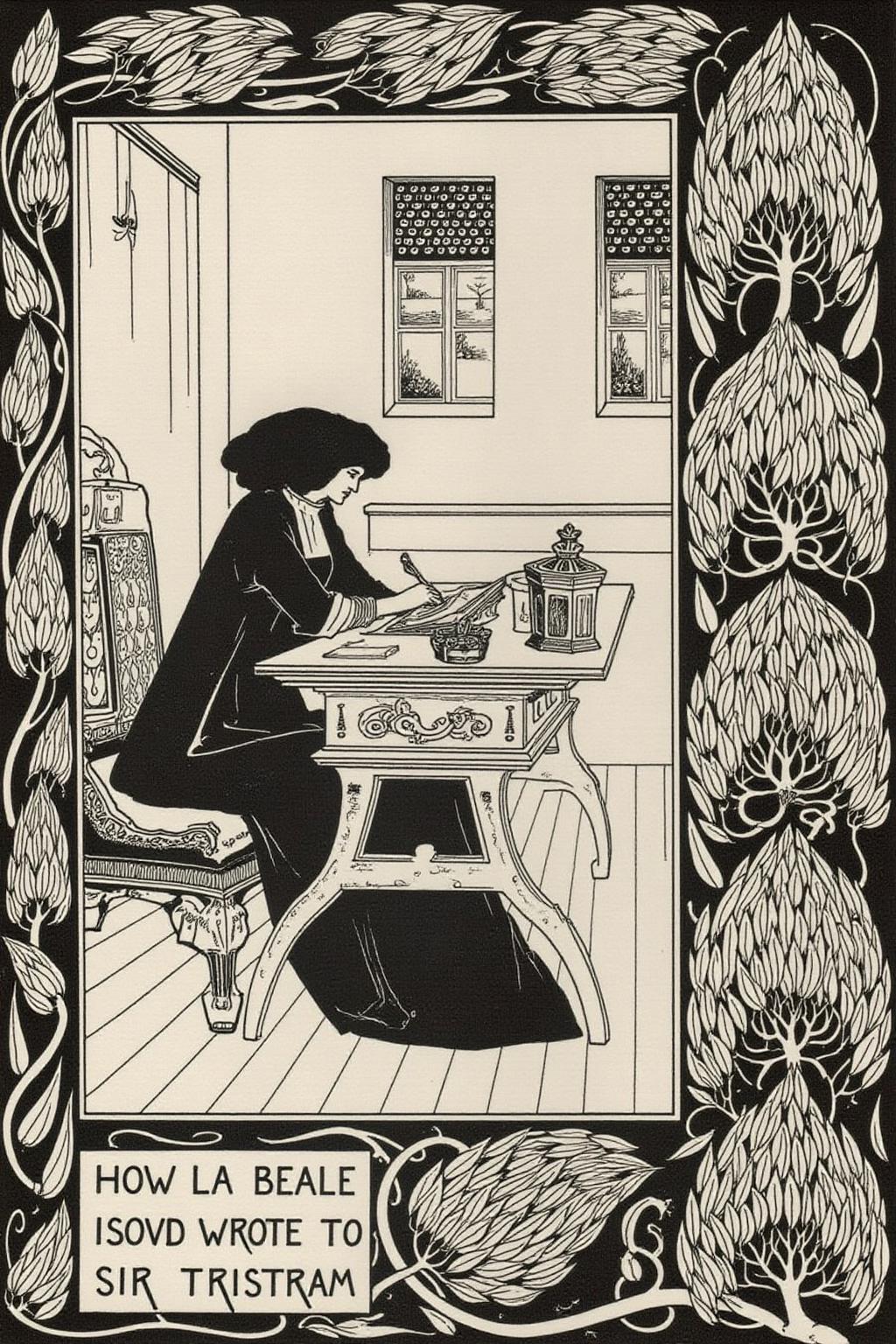 aubea1 illustration. 
A woman seated at a wooden desk, writing on a raised writing tablet. The woman has dark, curly hair and is dressed in a long, flowing dress with a high collar.
Caption text box at bottom left corner says "HOW LA BEALE ISOVD WROTE TO SIR TRISTRAM"
 <lora:aubea2_cap_d6a3:1.0><lora:823908563131986466:0>