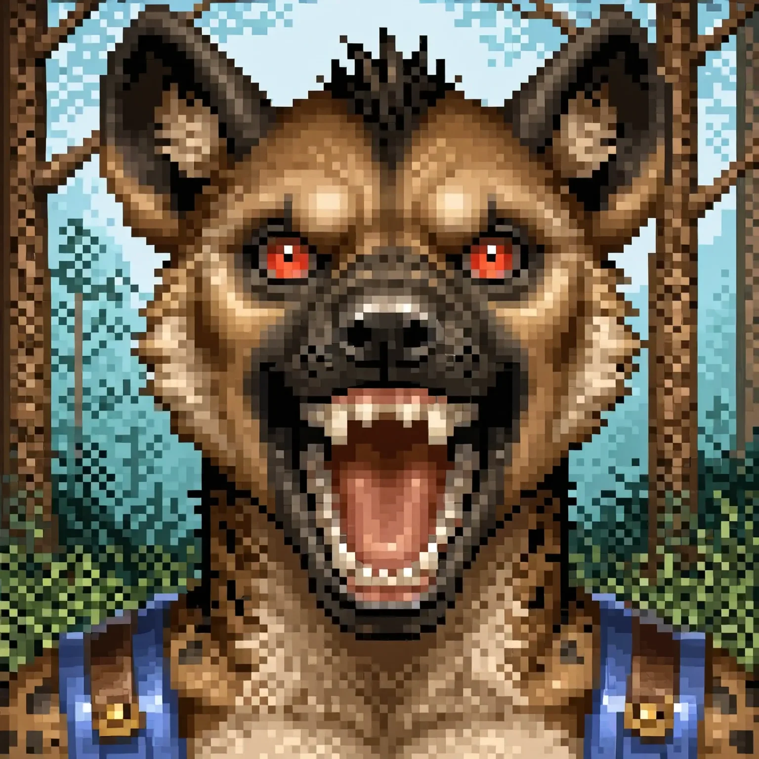 heroes2, (pixel art:1.2), from front, looking at viewer, face focus, head shot, outdoors, swamp background, trees, bushes, plants, solo,
gnoll, tan fur, brown fur, black snout, hyena, blue armor, leather armor, red eyes, open mouth, shouting, sharp teeth,
<lora:HoMM_v8NoobBs975:0.8>,