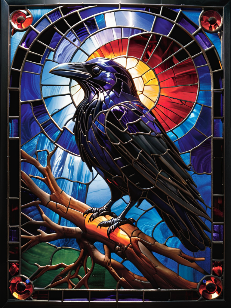 stained-glass artwork of a raven, dark background <lora:KidsStorybookStainedGlass:0.7>