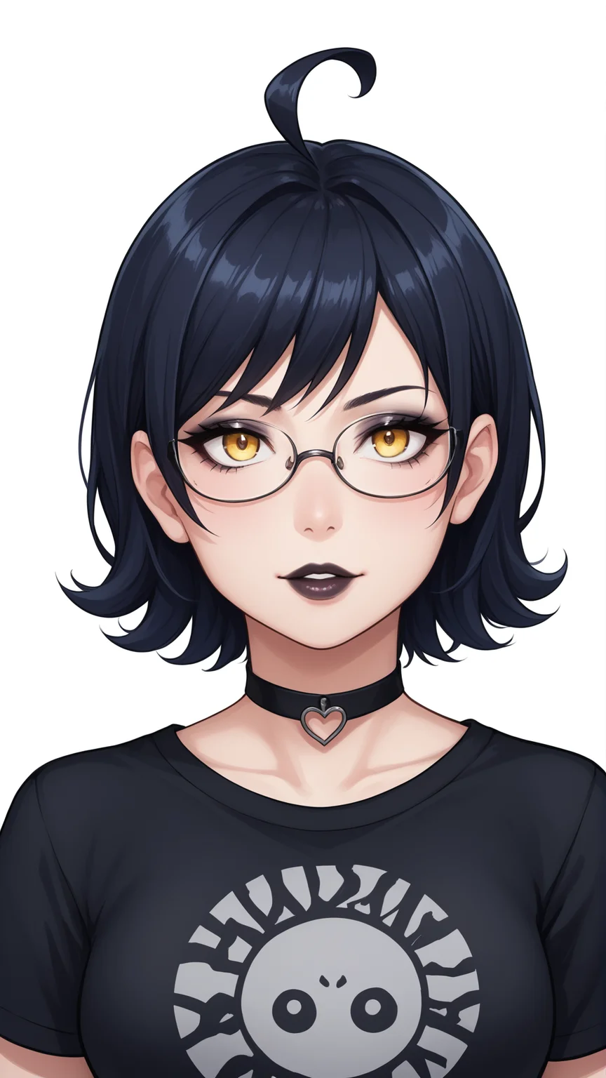 score_9, score_8_up, score_7_up, BREAK source_anime, best quality, masterpiece, ultra detailed,
<lora:Everlasting_Summer_Zhenya_by_GraffMetal:0.8>, zhenya, short hair, yellow eyes, ahoge, glasses, black hair, 1girl, solo
black eyeliner cat eye, black lips,
black shirt, t-shirt, heart choker, goth, eyeliner, eyeshadow,
amazing background, looking at the viewer, simple background, white background, close-up