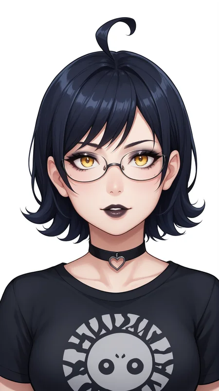 score_9, score_8_up, score_7_up, BREAK source_anime, best quality, masterpiece, ultra detailed,
<lora:Everlasting_Summer_Zhenya_by_GraffMetal:0.8>, zhenya, short hair, yellow eyes, ahoge, glasses, black hair, 1girl, solo
black eyeliner cat eye, black lips,
black shirt, t-shirt, heart choker, goth, eyeliner, eyeshadow,
amazing background, looking at the viewer, simple background, white background, close-up