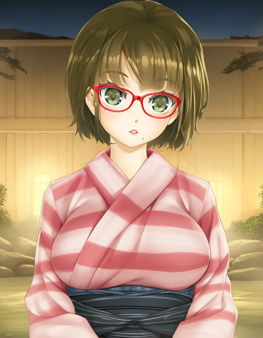 tsukioka karen, dark green eyes, dark brown hair, mole under mouth, red-framed eyewear, short hair, large breasts, verticle-striped pink kimono, black sash, onsen, parted lips, solo <lora:Biman Adam-000063:1>