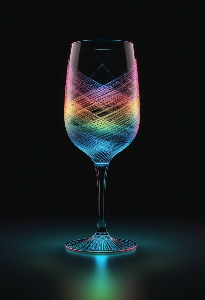 high quality, high resolution, extremely detailed, no humans, made of,tiny neon glass filaments,w0gf1l, stemware, black background