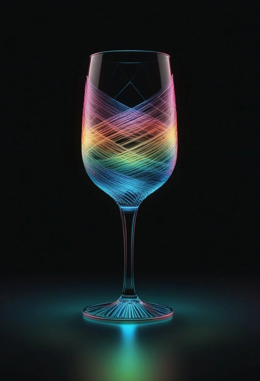 high quality, high resolution, extremely detailed, no humans, made of,tiny neon glass filaments,w0gf1l, stemware, black background