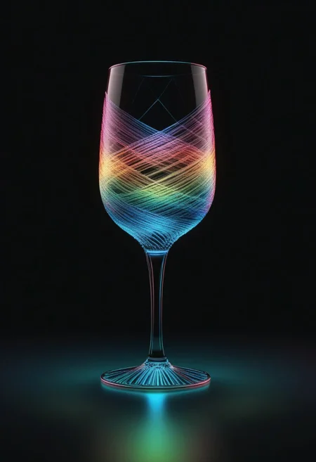 high quality, high resolution, extremely detailed, no humans, made of,tiny neon glass filaments,w0gf1l, stemware, black background