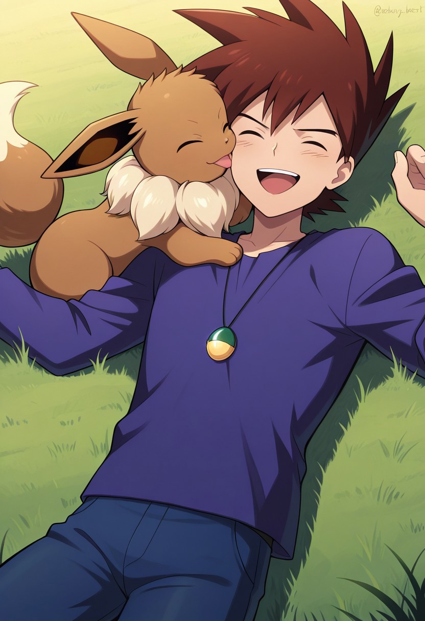 masterpiece,best quality,amazing quality, source_anime, 
gary_kanto, 1boy, male focus, solo, closed eyes, brown hair, spiked hair, shirt, purple shirt, jewelry, necklace, pants, blue pants, happy, laughing, pokemon, eevee, licking another's cheek,
outdoor, lying, on back, grass,