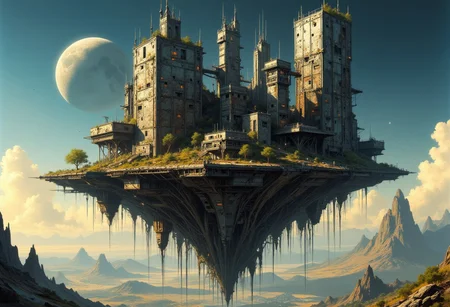 Abandoned city floating in the void of space, multiple buildings constructed from a fusion of organic and metallic structures. Each building appears alive, with pulsating roots that throb like massive veins. In the sky, a warped moon hangs low over the horizon. The shadows cast by the light of a dying sun seem to move independently from the figures that create them