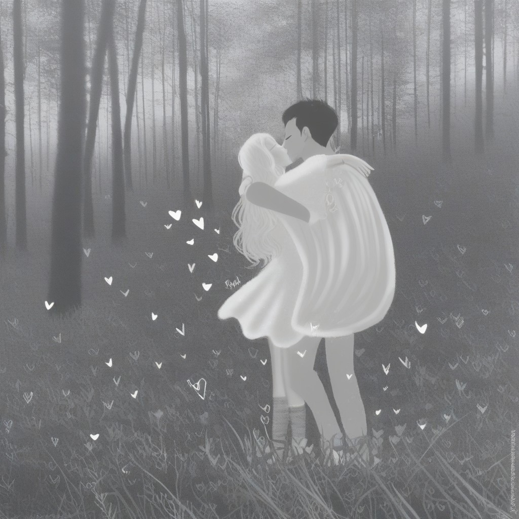 ral-vltne, Valentine's day beautiful scene, man and woman couple, vivid, intricate, embrace, happy, joyful, cupid in the distance, couple kissing, seen from afar, forest, silhouettes, black silhouettes, hearts, heart shaped outer border