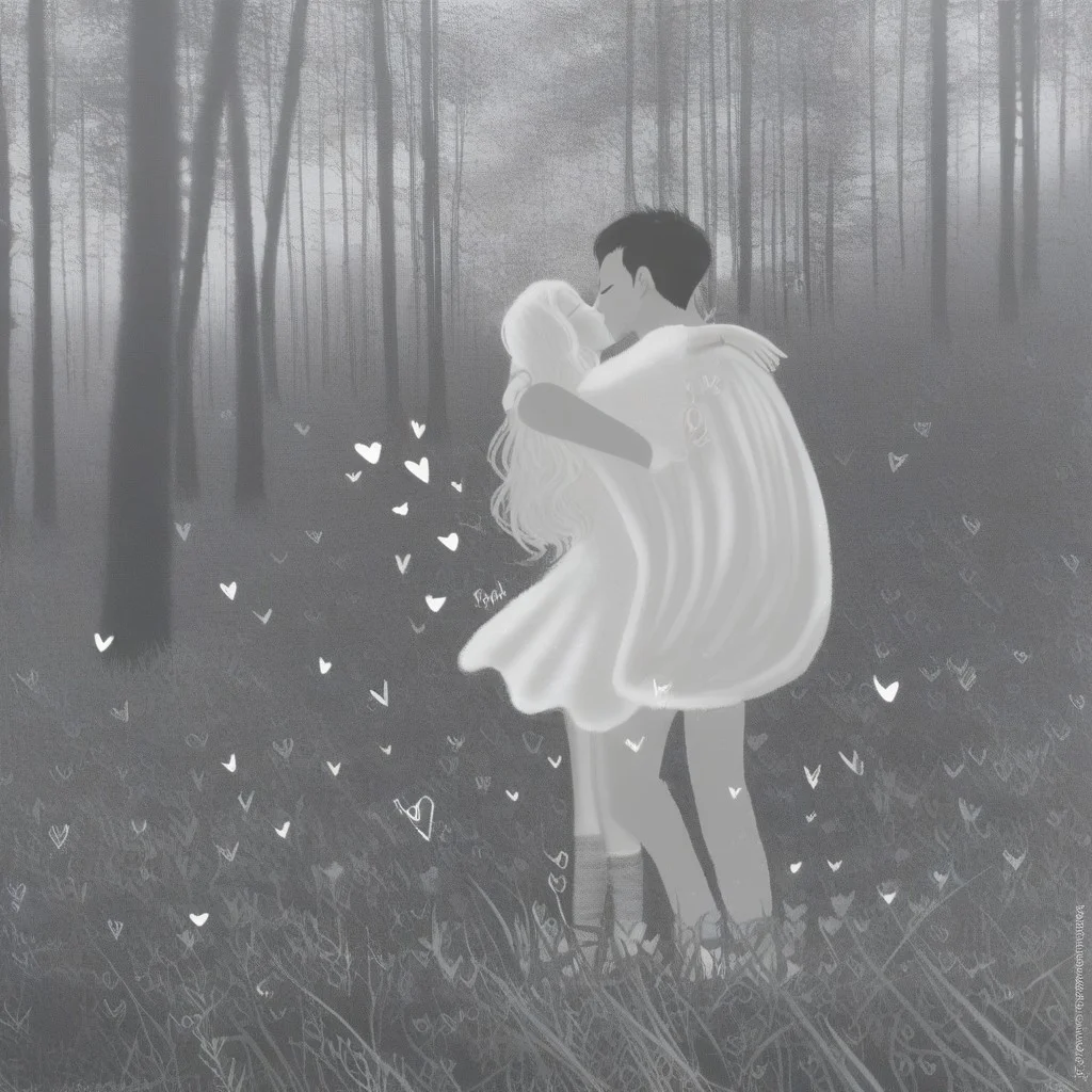ral-vltne, Valentine's day beautiful scene, man and woman couple, vivid, intricate, embrace, happy, joyful, cupid in the distance, couple kissing, seen from afar, forest, silhouettes, black silhouettes, hearts, heart shaped outer border