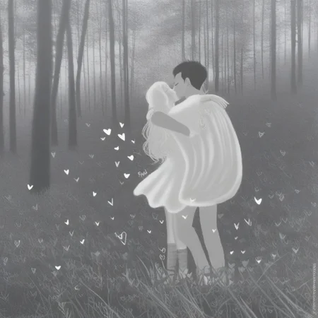 ral-vltne, Valentine's day beautiful scene, man and woman couple, vivid, intricate, embrace, happy, joyful, cupid in the distance, couple kissing, seen from afar, forest, silhouettes, black silhouettes, hearts, heart shaped outer border