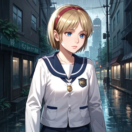 score_9, score_8_up, score_7_up, score_6_up, Sherry-Birkin, 1girl solo, short hair, blue eyes, blonde hair, post-apocalypse, urban background, city, DARK, HORROR, rain, upper body, school uniform, shorts, hairband, serafuku, sailor collar, necklace, lips, blue sailor collar,  red hairband, fake screenshot, sensitive