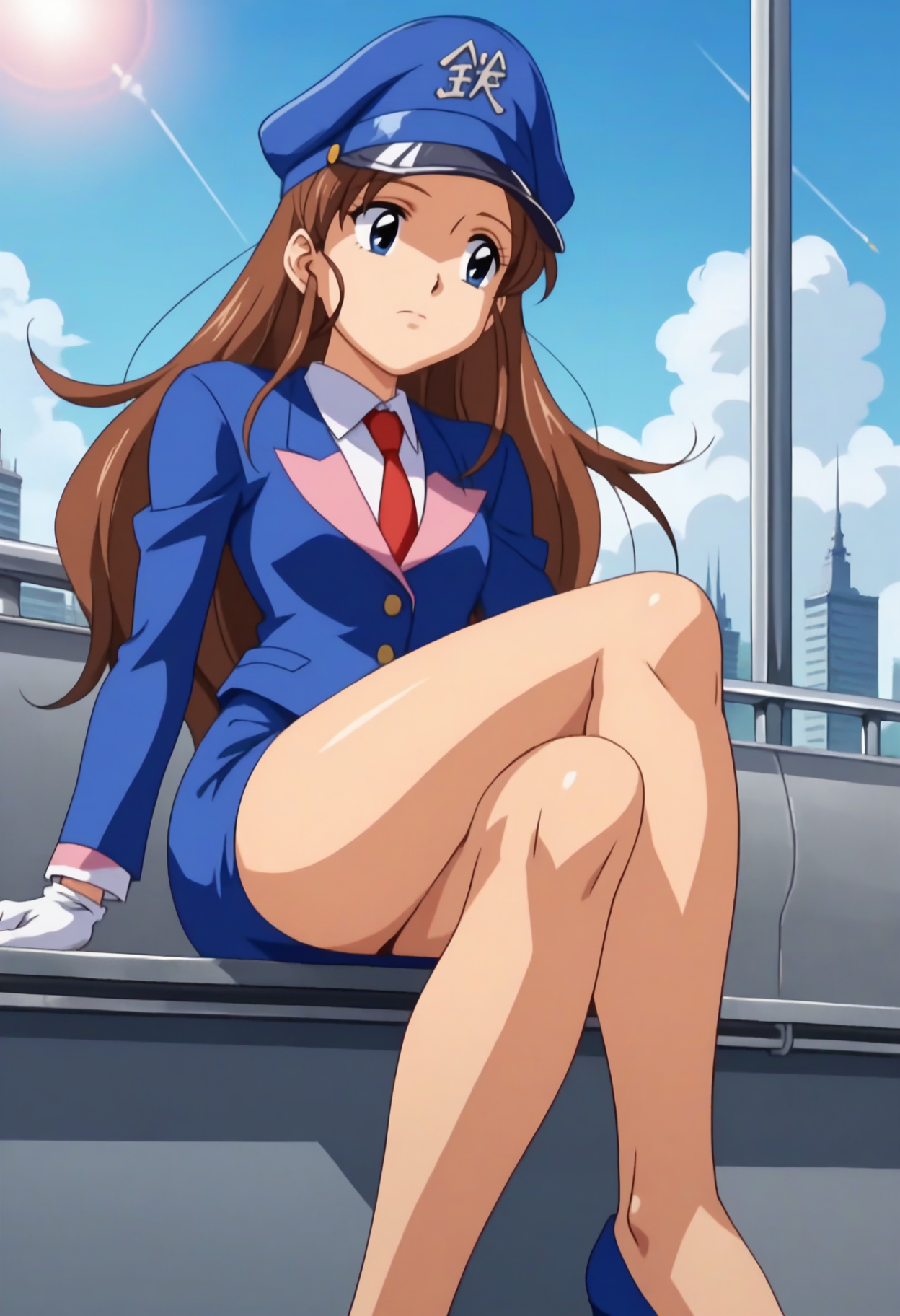 score_9, score_8_up, score_7_up, score_6_up, anime screencap, anime coloring, <lora:Tetsuchan-04:0.7>, Tetsuchan, brown hair, long hair, blue eyes, 
pencil skirt, uniform, peaked cap, necktie, white gloves, upper body, high heels,
sitting, looking away, crossed legs, solo, foot focus,
BREAK blue sky, sunlight, train station, cityscape, outdoors,