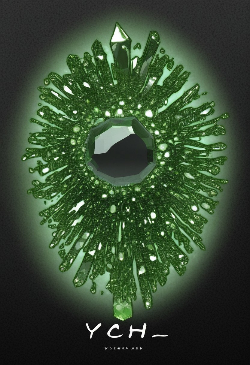 Studio Ghibli Dark Fairytale, intricate cyborg Portrait of a female Robotic entity with Long billowing Hair Made of leafs, black hollow eerie head, No Face, DARK moody,YOUR TEXT made of hud_per1d0t_wrld, green gemstone, crystal, gem, shiny