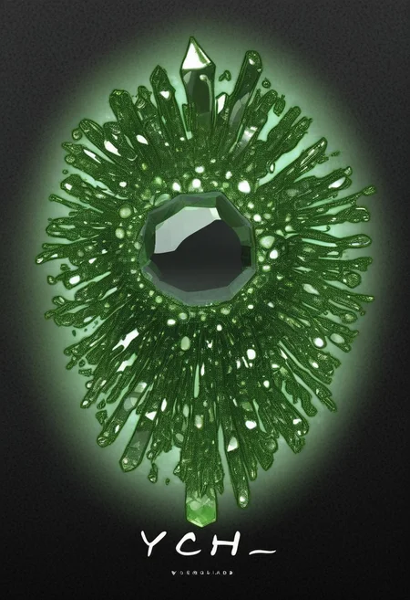 Studio Ghibli Dark Fairytale, intricate cyborg Portrait of a female Robotic entity with Long billowing Hair Made of leafs, black hollow eerie head, No Face, DARK moody,YOUR TEXT made of hud_per1d0t_wrld, green gemstone, crystal, gem, shiny