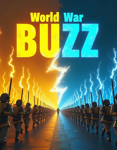 2 armies running at each other, side view, left army is yellow and holding yellow lightning emoticons, right army is blue and holding blue lightning emoticons, on the top there is a massive text "World War BUZZ" with left half of text being yellow and right half being blue