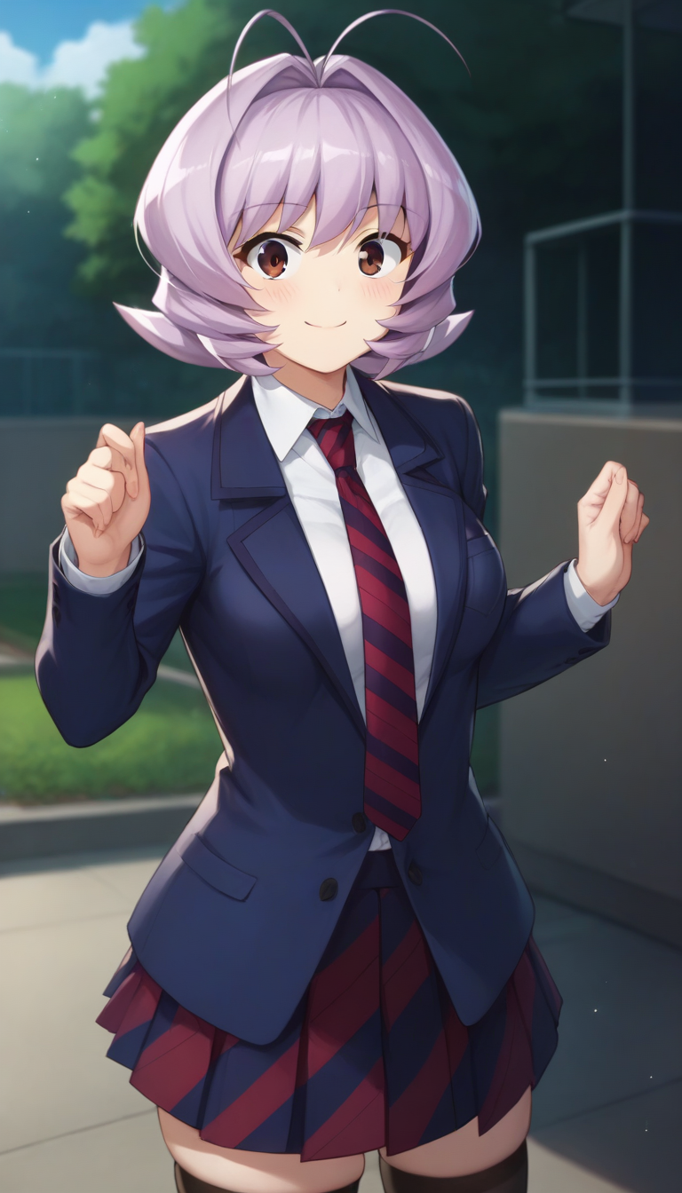 score_9,score_8_up,score_7_up,score_6_up BREAK official art,solo,outdoors,upper body,looking at viewer,facing viewer,smile,blush,Osana Najimi,antenna hair,short hair,light purple hair,hair intakes,bangs,brown eyes,school uniform,blue jacket,blazer,collared shirt,white shirt,red necktie,striped necktie,medium breasts,skindentation,long sleeves,red skirt,pleated skirt,striped skirt,zettai ryouiki,black thighhighs,loafers,<lora:Osana Najimi(kcc)-Pony:1.4>,