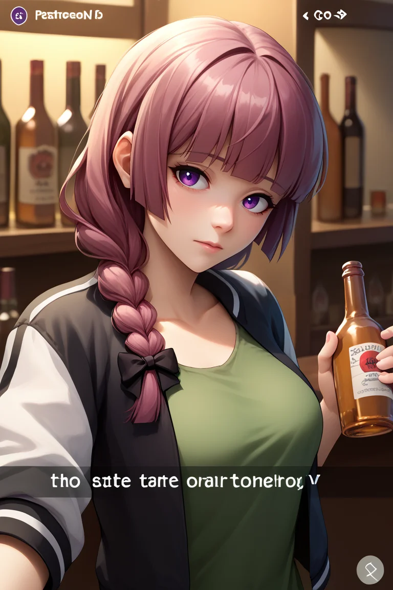 score_9, score_8_up, score_7_up, BREAK, 1girl, solo, breasts, <lora:snapchat-guy-PONYv1:.95>, snapchat, <lora:bocchi_hiroi_ponyXL:1> hiroi kikuri, single braid, hair over shoulder, hair bow, purple eyes, two-tone jacket, black jacket, white jacket, open jacket, green dress, holding bottle, alcohol, bar