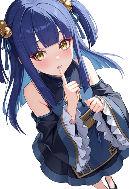 Smooth Quality,masterpiece,very intricate, high quality details, ultra realistic, high detailed skin,detailed enviorement,absurdres,
shushing,
<lora:Ranran_CNR:0.8> ranran_cnr,1girl, blue hair, long hair, two side up, blunt bangs, yellow eyes, fangs, hair ornament, hair bell,hair ribbon, hair bobbles,makeup, ranran_cnr_def, bare shoulders,chinese clothes, blue dress,detached sleeves, wide sleeves, long sleeves, sleeves past wrists, frilled sleeves, sash,black footwear,, doyagao,, simple background, white background, dynamic angle,solo,