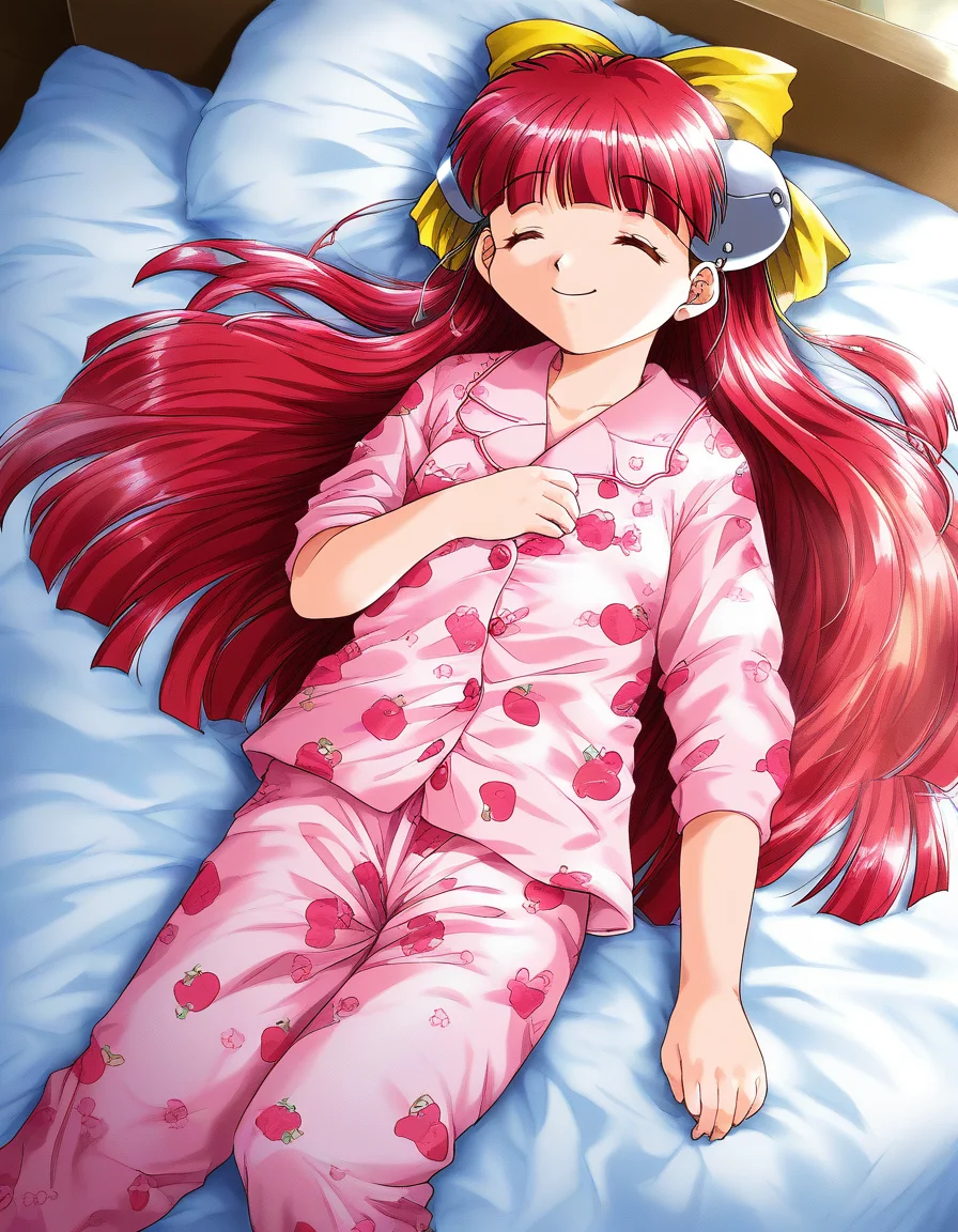 score_9, score_8_up, score_7_up, source_anime, rating_explicit, BREAK <lora:Nanako_RISE_XL:1>ãNanako_RISE, long hair, red hair, closed eyes, bangs, hair bow, headgear, yellow bow, solo,
pink pajamas, animal print, lying, happy, long pants, sleeping, closed mouth,
bed room, flooring,