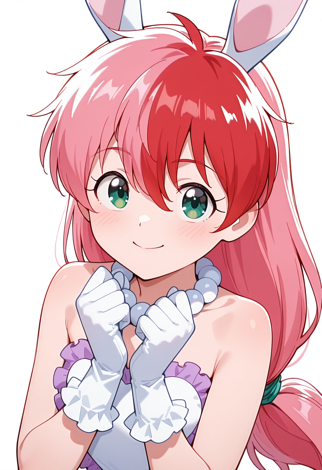 masterpiece, best quality, very aesthetic, absurdres, 1girl, solo,
<lora:yamato_sora_v01:0.9>, <lora:outline_xl_kohaku_delta_spv5x:-1>, yamato_sora, sora_bunny, two-tone hair, pink hair, red hair, low-tied long hair, green eyes,
rabbit girl, rabbit ears, bead necklace, white dress, frills, bare shoulders, white gloves, looking at viewer, light blush, smile, posing, portrait
