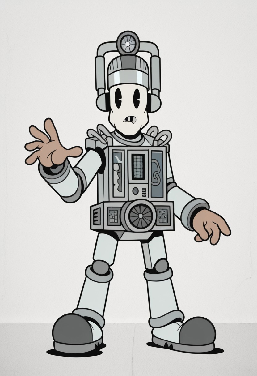 masterpiece,best quality, 2D, RetroXL, toon \(style\), flat color, black eyes, 1boy, solo, CyberMondan, Robot,