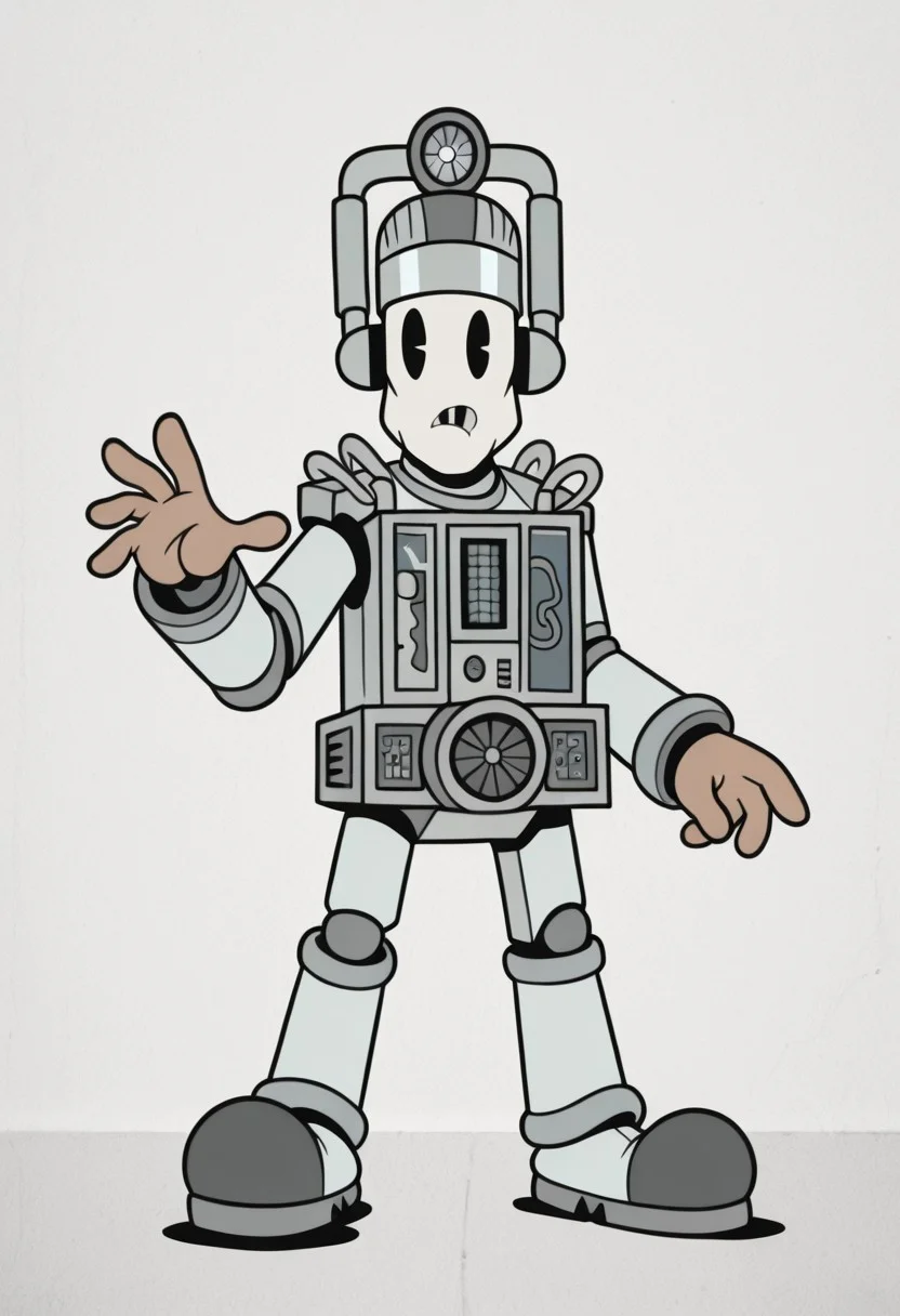 masterpiece,best quality, 2D, RetroXL, toon \(style\), flat color, black eyes, 1boy, solo, CyberMondan, Robot,
