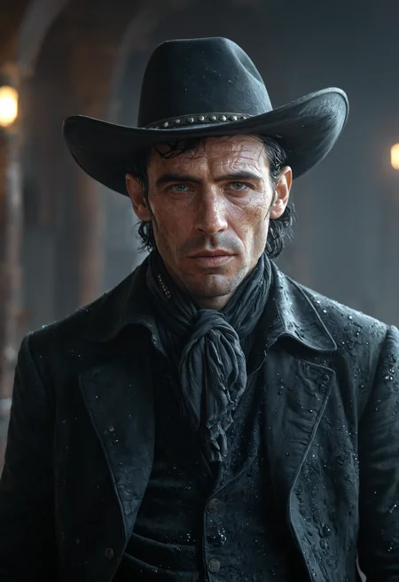 ugly shabby, beggar poor american gambler cowboy 35 years old pale man from american 1890s, black hair, highly detailed, digital painting, splash art., art by greg rutkowski and artgerm, soft cinematic light, adobe lightroom, photolab, hdr, intricate, highly detailed, (depth of field:1.4), <lora:Dark_Futuristic_Circuit_Boards:1>, dark futuristic