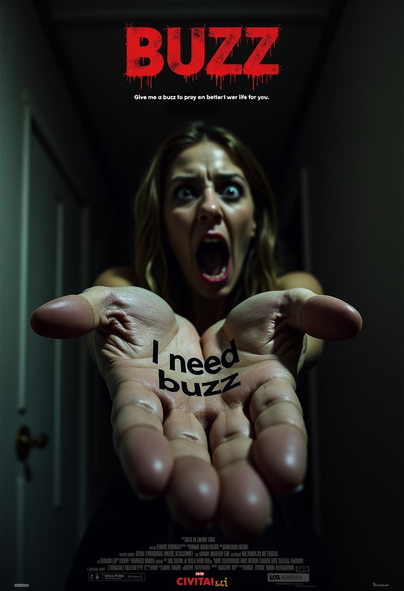 A chilling horror movie poster with title 'Buzz' at top , and subtitle 'Give me a buzz to pray for a better life for you.' at bottom. The poster is showing a terrified woman as she reaches out toward the viewer. In the palm of her hand, stark and haunting text reads 'I need buzz'. Dark background, ominous, eerie, unsettling mood. Include a movie studio logo that reads 'Civitai out of buzz'. The poster aesthetic evoke a sense of dread and mystery, a feeling of unease, portraying a sinister story behind the image.