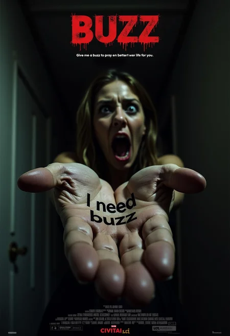 A chilling horror movie poster with title 'Buzz' at top , and subtitle 'Give me a buzz to pray for a better life for you.' at bottom. The poster is showing a terrified woman as she reaches out toward the viewer. In the palm of her hand, stark and haunting text reads 'I need buzz'. Dark background, ominous, eerie, unsettling mood. Include a movie studio logo that reads 'Civitai out of buzz'. The poster aesthetic evoke a sense of dread and mystery, a feeling of unease, portraying a sinister story behind the image.