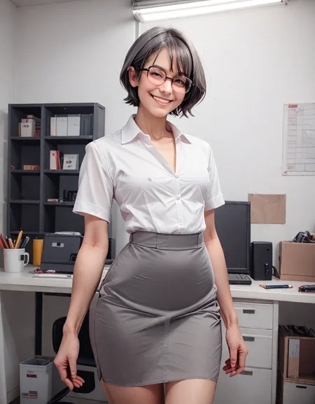score_9, score_8_up, score_7_up, score_6_up, raw photo, 3/4 body, <lora:CinderCarla-XLPony:.9>, short hair, dark gray hair, office, dress shirt, black pencil skirt, glasses, (smile:0.8), toned, <lora:Photo 2 Style SDXL_LoRA_Pony Diffusion V6 XL:.3>, raw, photo, realistic cindercarla01,
