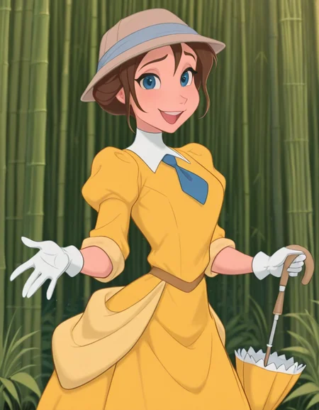 masterpiece, best quality, amazing quality, very aesthetic, absurdres, newest, detailed background, cowboy shot, 4k, 8k, outdoors, beautiful eyes,
janexd, 1girl, brown hair, solo, smile, short hair, open mouth, puffy sleeves, blue eyes, yellow dress, blue necktie, looking at viewer, white gloves, hat, holding, parasol, bamboo forest,
<lora:Jane_Porter_-_Disney_Illustrious:1>