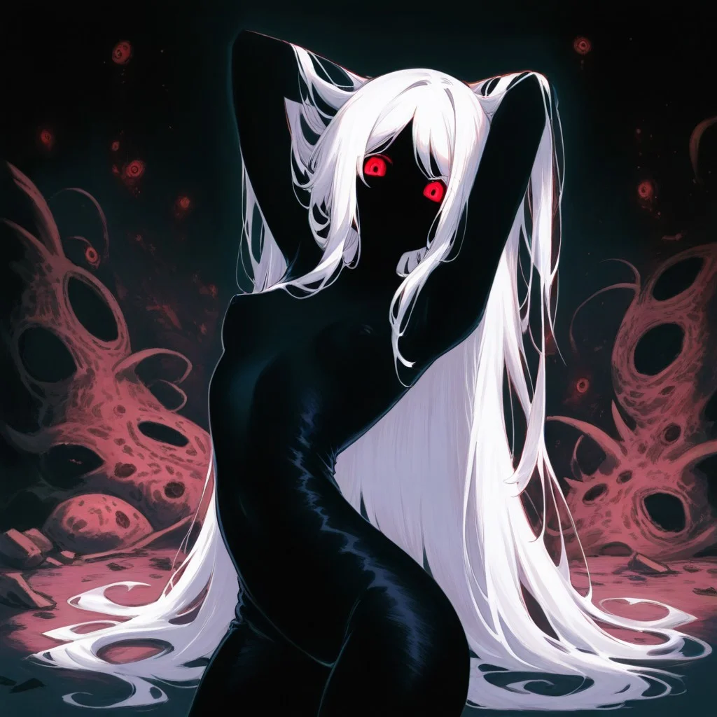 1girl,solo,eldritch abomination,faceless female,black body,very long hair,white hair,shaded face,red eye,small breasts,nipples,arms up,arms behind head,looking at viewer,dark room,messy room,horror (theme),creepy,qu@z@r,masterpiece, high score, great score, absurdres
