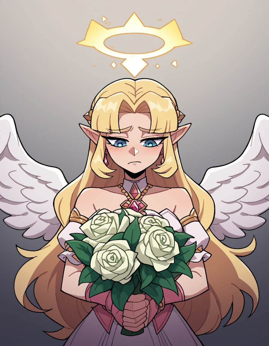 zPDXL, score_9, score_8_up, score_7_up, source_anime, 8k, absurdres, 
1girl, solo,  <lora:Vanitaker:0.8> vanitaker, Zelda, blonde hair, angel wearing Ethereal white ensemble with a flowing top, layered tulle skirt, wearing a intricately woven crown of lilies and roses, pink stockings, pink ballet flats, feathered (angel wings), (angel halo), clutching a bouquet of blooming flowers imbued with divine fragrance, upper body, portrait,