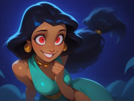 1girl, 
 Jasmine \(disney\), dark-skinned female, black hair, long hair, ,
red eyes ,
<lora:DarkfireKans3n_v2Final:1>