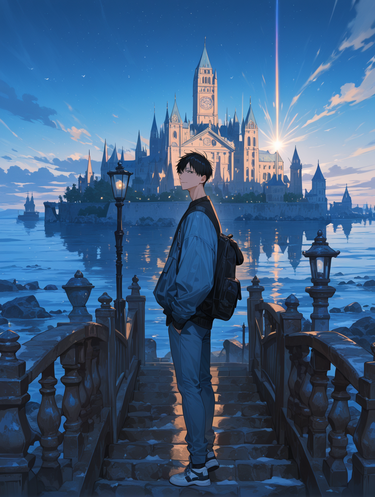 KageyamaTobioCYQL,<lora:KageyamaTobioCYQL:1>,1boy,male focus,solo,black hair,black eyes,Denim jacket, Crewneck sweatshirt, Chinos, Canvas sneakers, Crossbody bag, Wayfarer sunglasses,kind_smile,looking_at_viewer,
BREAK
scenery,sky,outdoors,cloud,day,bluesky,arch,fantasy,building,sunlight,tower,church,architecture,lightrays,cloudysky,water,flag,castle,city,lightparticles,statue,pillar,banner,rainbow,bridge,lensflare,sciencefiction,watercraft,sunbeam,airship,cityscape,stairs,light,ruins,standing,window,star(sky),ship,skyscraper,shadow,column,reflection,bird,ocean,glowing,frombelow,verywideshot,night,bluetheme,dutchangle,aircraft,gate,realistic,starrysky,boat,realworldlocation,clocktower,indoors,blurry,road,fire,lamppost,wind,conceptart,wideshot,snow,colorful,rock,flying,reflectivewater,sun,railing,
BREAK
usnr,748cmstyle,<lora:USNR STYLE_XL_loha:0.45>,<lora:DarkerThanBlackIllustrious:0.5>,<lora:spo_sdxl_10ep_4k-data_lora_webui:0.6>,<lora:illustrious_all_rated_v1:0.7>,<lora:748cmSDXL:0.8>,<lora:illustrious_quality_modifiers_masterpieces_v1:0.9>,
perfect quality,high quality,masterpiece,best quality,amazing quality,very aesthetic,absurdres,newest,