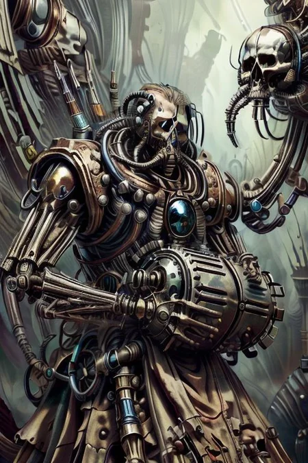 ((masterpiece,best quality)), absurdres, BREAK
mechanical arms, robes, hood, BREAK
((techpriest)), cyborg, mechanical face, mechanical limbs, gas mask, mechanical tentacles, (mechanical backpack), blue cloak, BREAK
1other, solo, holding skull, BREAK
(BoneyardAI),