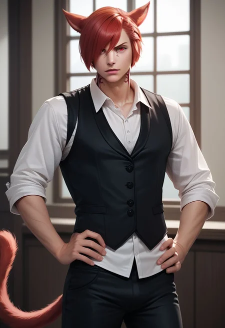 grahatiaffxivdsk, miqo'te, 1boy, male focus, solo, animal ears, cat ears, red hair, cat boy, tail, indoors, cat tail, black pants, short hair, facial mark, pants, shirt, neck tattoo, vest, upper body, white shirt, red eyes, portrait, realistic, hand on hip, holding, holding jacket, sleeves rolled up, hair over one eye, window, jacket removed, black vest PonyXLV6_Scores zPDXL