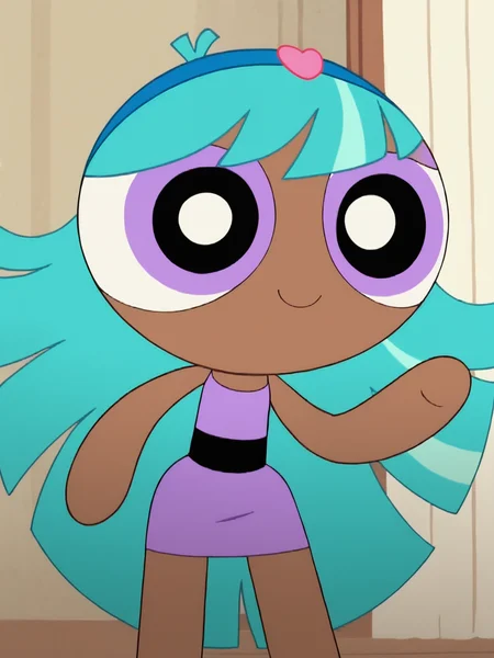 score_9, score_8_up, score_7_up, score_6_up, BREAK, PowBlisstina, 1girl, solo, aqua hair, dark-skinned female, chibi, purple shirt, striped shirt, smile, upper body, raise one hand, waving, looking at viewer <lora:Blisstina:1>
