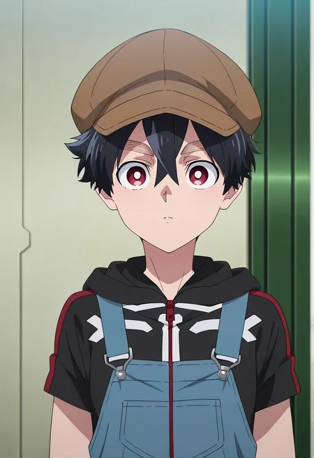 masterpiece, best quality, , anime screencap, anime coloring, , , 1boy, solo, male focus, <lora:kabane_kusaka_ilxl:0.96>, kabane_kusaka, black hair, red eyes, short hair, hair between eyes, kusaka kabane, hoodie, , Overalls, Polka dot Organza SlateGray Zip-up track jacket, , Newsboy cap with ear flaps,