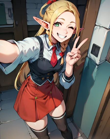 score_9, score_8_up, score_7_up,score_6_up,score_5_up,score_4_up, a girl is taking a selfie,   <lora:Marcille:0.8> marcilledonato, v, one eye closed, smile
<lora:bible_black_uniform_xl_v3:.8> white shirt, black vest, red necktie, red skirt, black thighhighs,  red skirt,