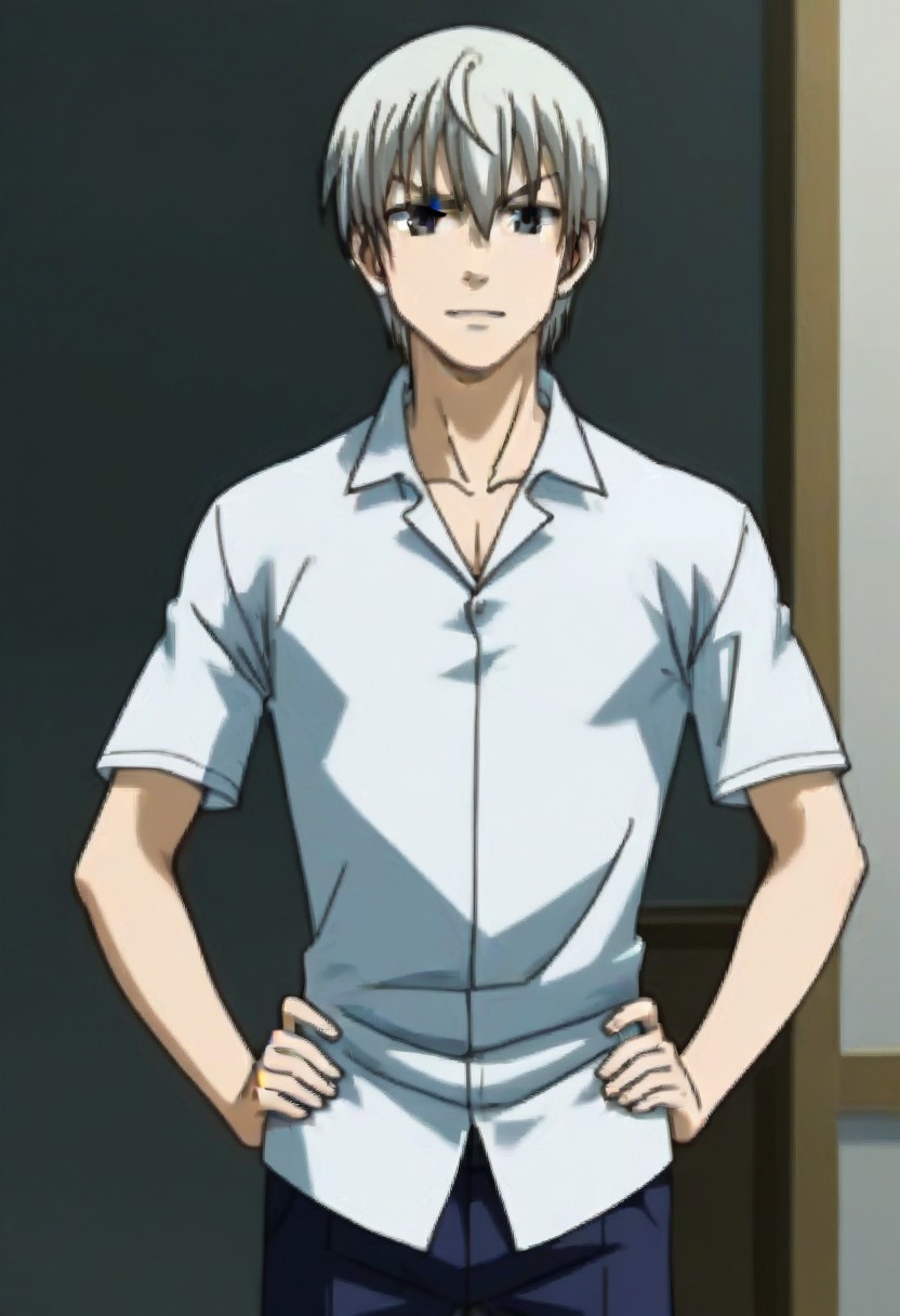 ((masterpiece)), ((best quality)), ((ultra-detailed)), ((absurdres)), score_9_up, score_8_up, score_7_up,
HD, top quality, best quality, amazing quality, High-quality illustrations, anime screencap, source_anime, best aesthetic, perfect proportions, perfect eyes, 1boy, 1male, solo boy, solo male, male focus, solo male focus, Anime, boy, male anime character, anime boy, handsome, attractive, cute, charming, sexy, hot, ((tall, tall body, tall height)), ((lean body, slim body)), easynegative, Expressiveh, neghands, updn, Takayuki Furuichi, white-silver hair, black-grey eyes, white polo shirt, short sleeves, untucked, blue pants, ((cowboy shot, head to hips shot)), hands on hips