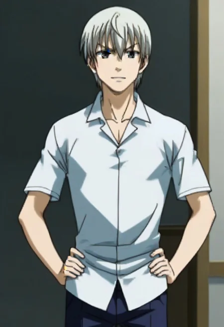 ((masterpiece)), ((best quality)), ((ultra-detailed)), ((absurdres)), score_9_up, score_8_up, score_7_up,
HD, top quality, best quality, amazing quality, High-quality illustrations, anime screencap, source_anime, best aesthetic, perfect proportions, perfect eyes, 1boy, 1male, solo boy, solo male, male focus, solo male focus, Anime, boy, male anime character, anime boy, handsome, attractive, cute, charming, sexy, hot, ((tall, tall body, tall height)), ((lean body, slim body)), easynegative, Expressiveh, neghands, updn, Takayuki Furuichi, white-silver hair, black-grey eyes, white polo shirt, short sleeves, untucked, blue pants, ((cowboy shot, head to hips shot)), hands on hips