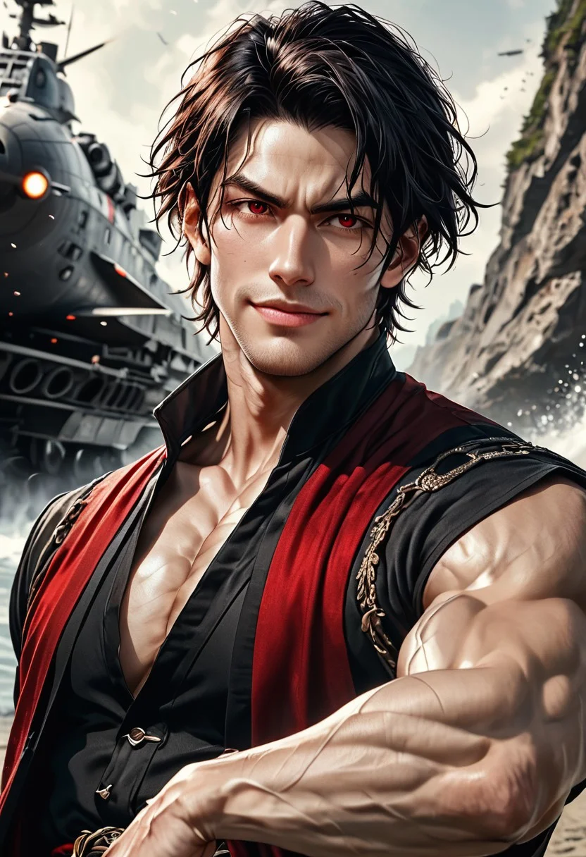 1boy, Darius Dusk, slightly wavy, short hair, jet black with a natural shine, neatly styled but slightly tousled at the ends, medium height, lean and muscular build with defined shoulders and arms, red eyes, sharp angular face with a prominent jawline, pale skin, smooth skin, Southern European, faint stubble on the chin and along the jawline,
subtle veins visible under the pale skin, especially near the eyes and hands,
solo,
flirty expression, secuctive smile, handsome, charming, warrior, simple charm,
detailed background, indoor, high kick, leg raised,