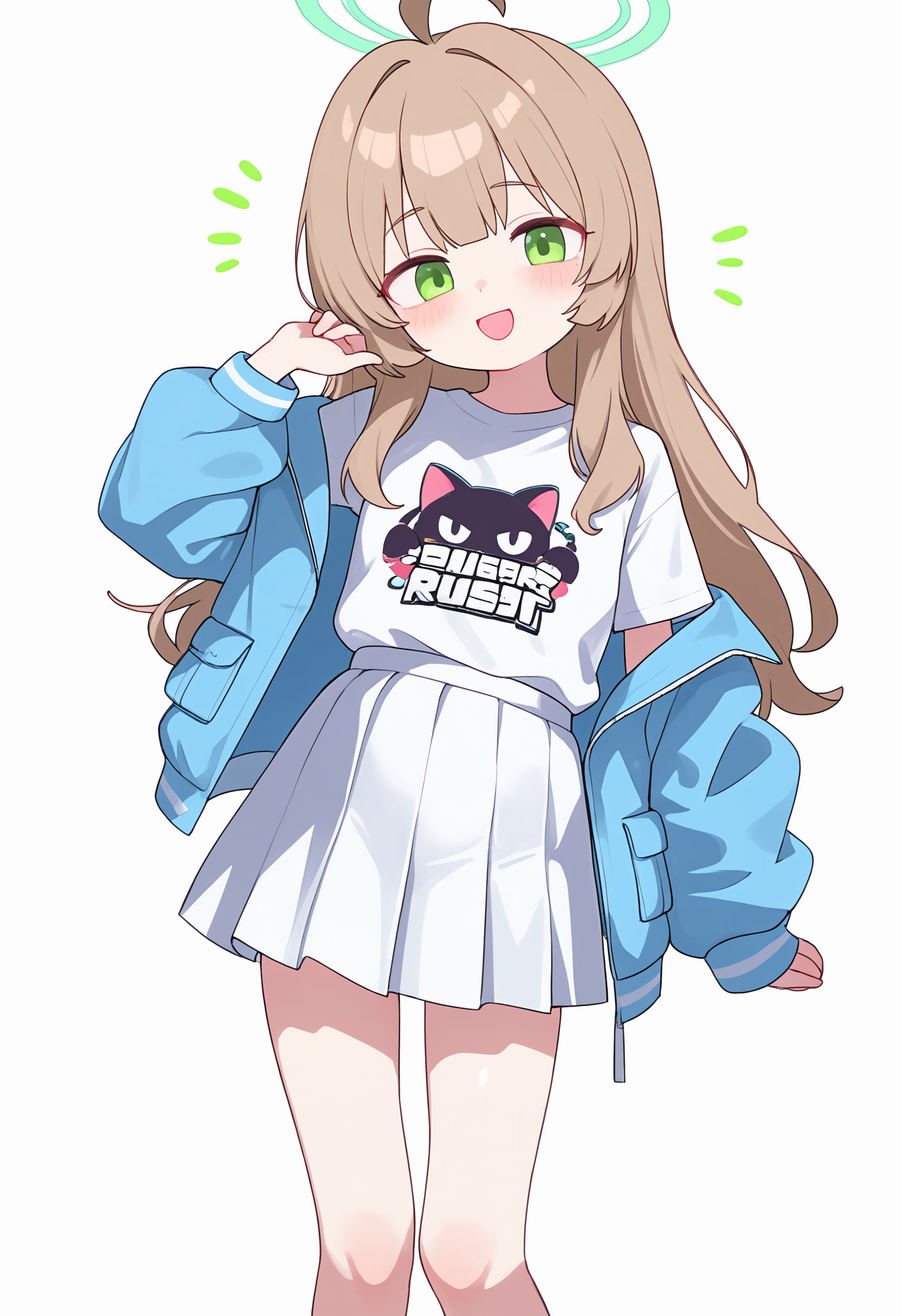,1girl, solo, long hair, looking at viewer, blush, smile, open mouth, simple background, shirt, skirt, brown hair, long sleeves, white background, green eyes, jacket, white shirt, short sleeves, pleated skirt, open clothes, halo, feet out of frame, white skirt, blue jacket, print shirt, green halo,<lora:TestTestTest!\Lk149_Style_NBV1.safetensors:0.95:0.95>,,masterpiece,best quality,newest,absurdres,highres,very awa,detail background <lora:None:0.4000000000000001>