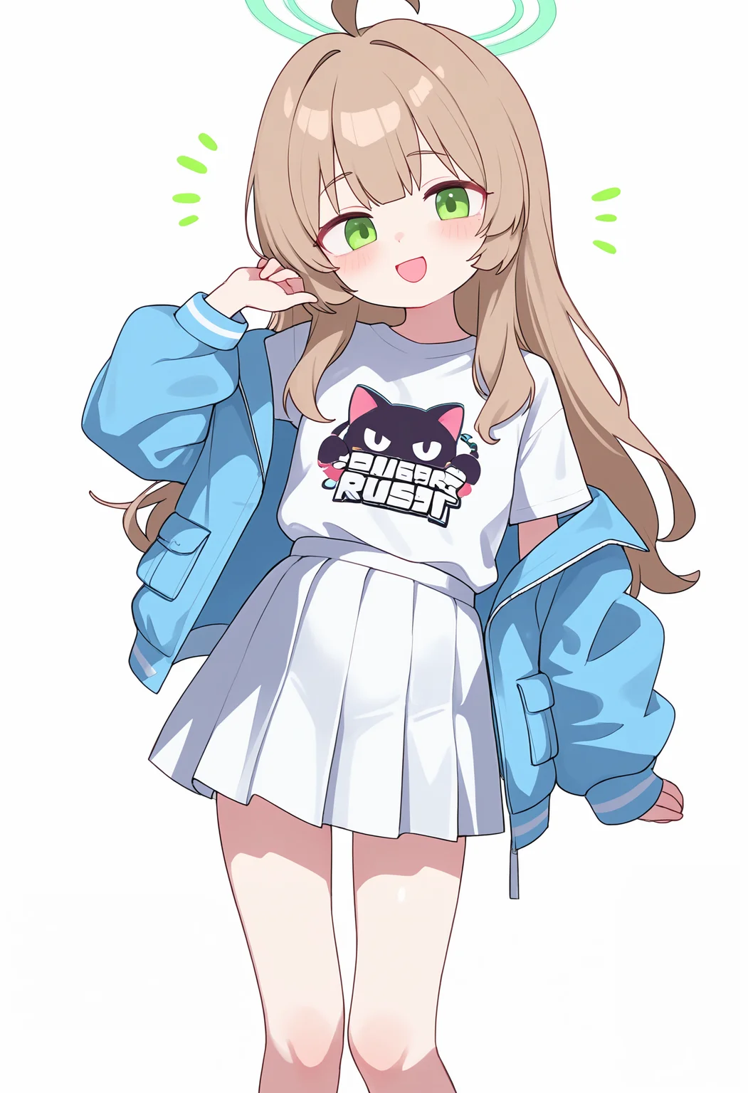 ,1girl, solo, long hair, looking at viewer, blush, smile, open mouth, simple background, shirt, skirt, brown hair, long sleeves, white background, green eyes, jacket, white shirt, short sleeves, pleated skirt, open clothes, halo, feet out of frame, white skirt, blue jacket, print shirt, green halo,<lora:TestTestTest!\Lk149_Style_NBV1.safetensors:0.95:0.95>,,masterpiece,best quality,newest,absurdres,highres,very awa,detail background <lora:None:0.4000000000000001>