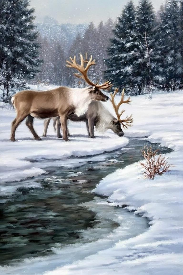 richardmacneil1 painting. Two reindeer stand by a snowy stream in a forest. The stream is partially frozen, and snow covers the ground and trees. <lora:richardmacneil1_cap_d8a4e11:1.0><lora:853226545676861828:0>