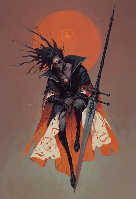 ((score_9, score_8_up, score_7_up)), (full-length character design, assassin woman holding a huge sword, bloodstained blade), modern-style colour illustration, bold & powerful, lifelike art, cultist girl, evil & dark robes, detailed setting, sitting in a woodland grove, exploring the surroundings, deep and colourful background, dark and moody lighting, green and blue and brown, light hair but dark eyebrows, half-obscured face, ceremonial facepaint and bodypaint, e-girl makeup, black choker, flirting, teasing, different poses, inset reaction shot, rich & seductive, freckles, reaction frame, erotic aesthetics