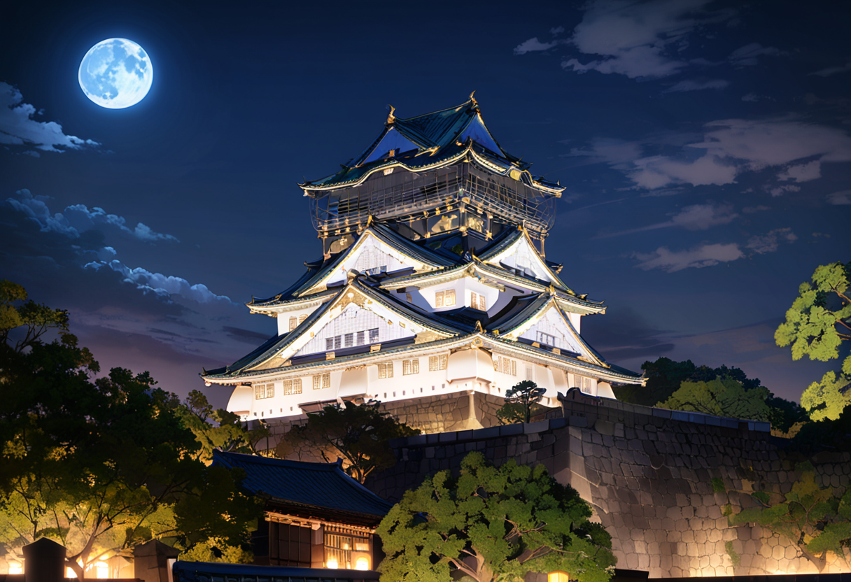 masterpiece, best quality, very aesthetic, absurdres,
Osaka Castle, moon, scenery, night, architecture, sky, east asian architecture, crescent moon, outdoors, night sky, tree, building, cloud
 <lora:Osaka_Castle_SDXL_V1:1>