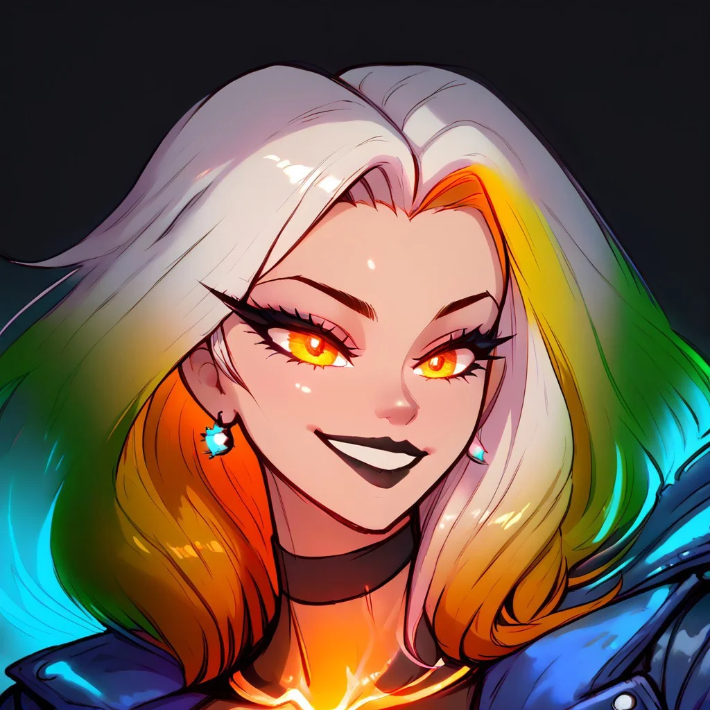 4k, neon, glowing, vibrant, shiny, shiny skin, score_9, score_8_up, ((close up, upper body focus, portrait)), volumetric lighting, vibrant colors, highly detailed, female, solo, fluffy long hair, ((Black sunglasses)),
Smiling,
((Glowing gradient hair:1.5)), multicolored hair, short hair, (yellow hair:1.5), (white hair:1.5))), earrings, choker, black lipstick, makeup, muscular, muscules toned, sweat, oiled up, oily skin, wet hair, wet, tattoos, leather blue jacket, t-shirt,
Black background, dark, no light,