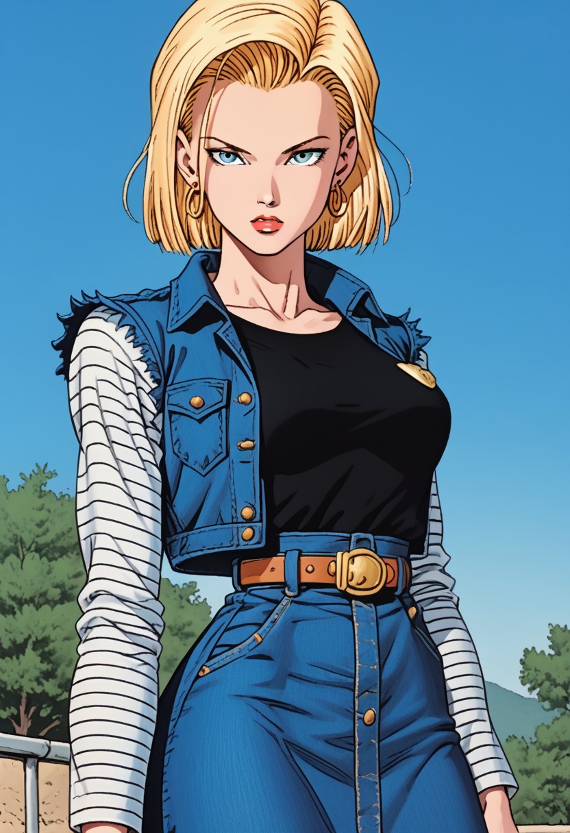 1girl, (android 18, blonde hair, blue eyes, eyelashes),solo, hoop earrings, short hair, earrings, belt, black legwear, black shirt, breast pocket, collarbone, denim, denim skirt, high-waist skirt, jewelry, long sleeves, pocket, shirt, shirt tucked in, skirt, striped, striped sleeves, waistcoat, outdoors,from below,close up,large breasts